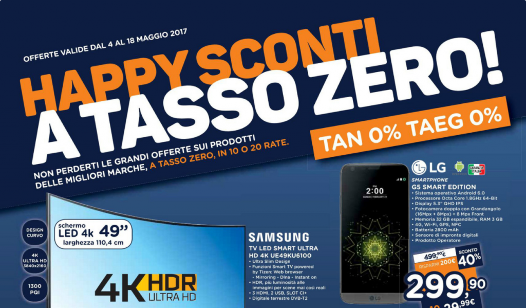 Unieuro happy sconti tasso zero maggio 2017