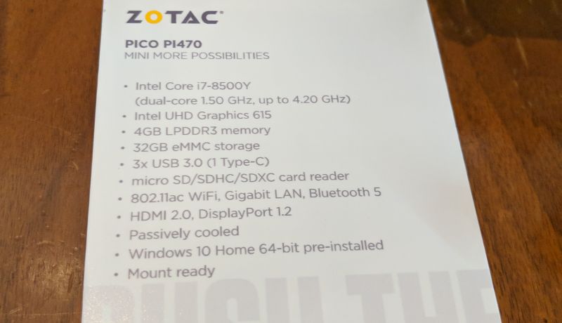 Zotac Pico PI470 è un PC tascabile con CPU Intel Amber Lake 1