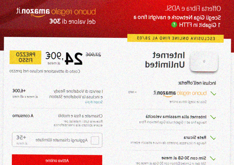 Vodafone dà un Buono Regalo Amazon da 30 euro come incentivo all'attivazione di Internet Unlimited con Vodafone Ready