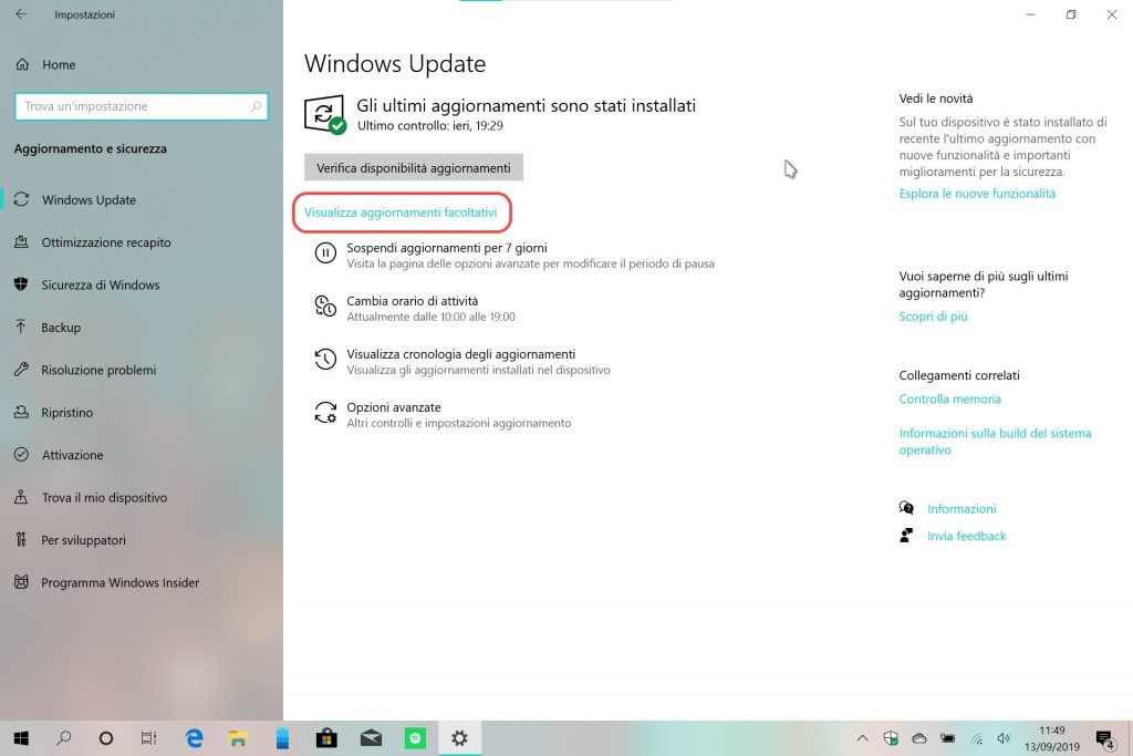 Windows 10 20H1 aggiornamenti facoltativi Windows Update