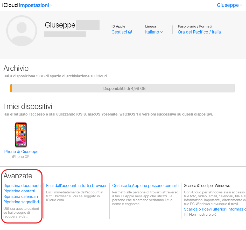 iCloud: come ripristinare contatti, calendario e preferiti