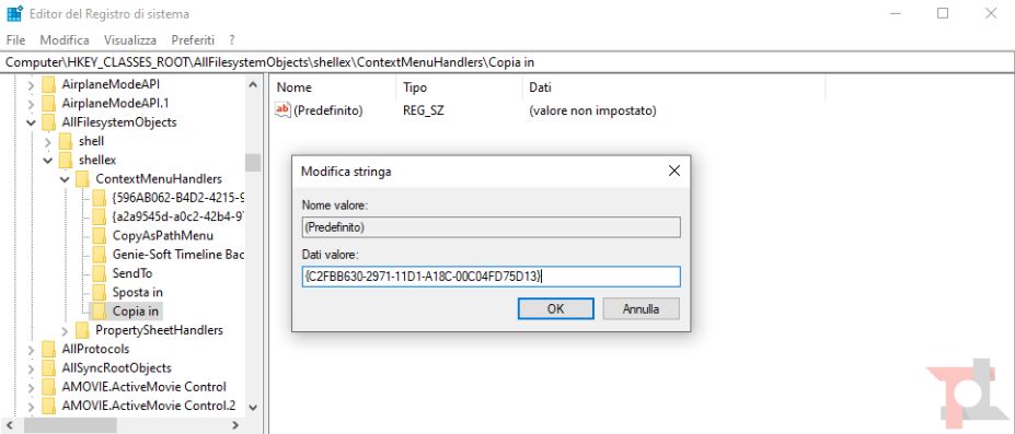 chiave del registry per abilitare il menù copia in