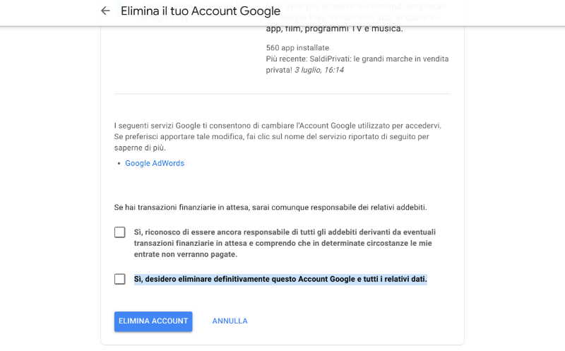 Eliminare account Google