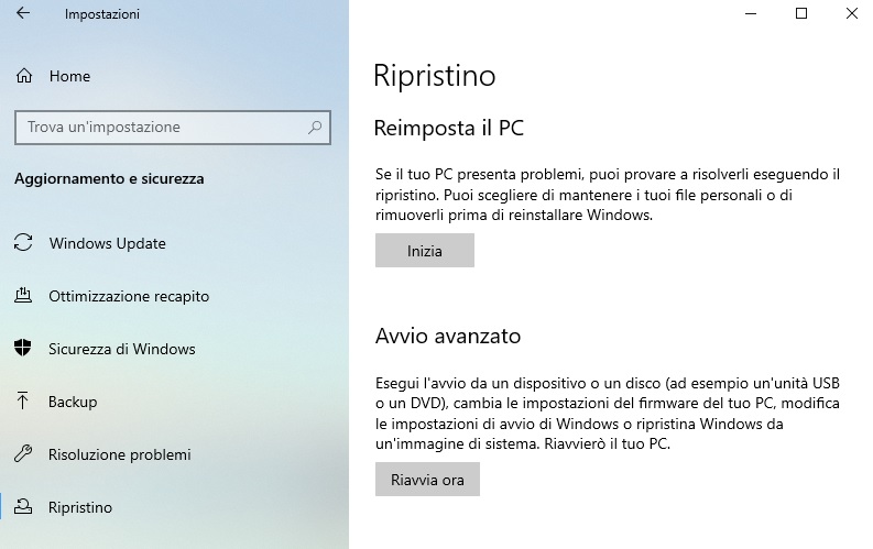 Ripristino Windows 10