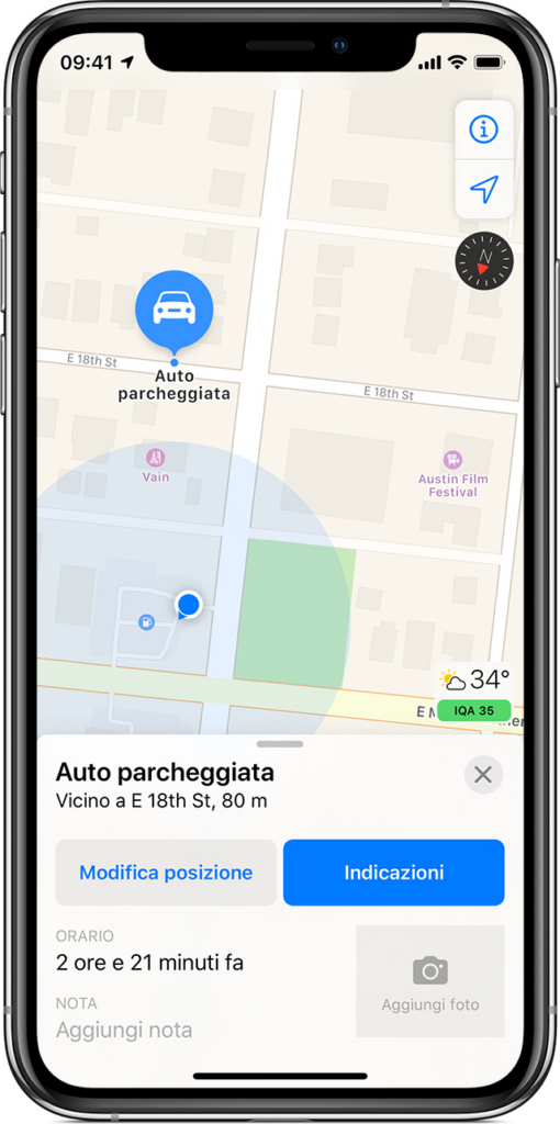 auto parcheggiata iPhone Mappe