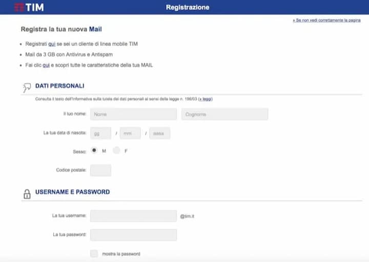 Creare nuovo account Alice Mail senza essere clienti TIM