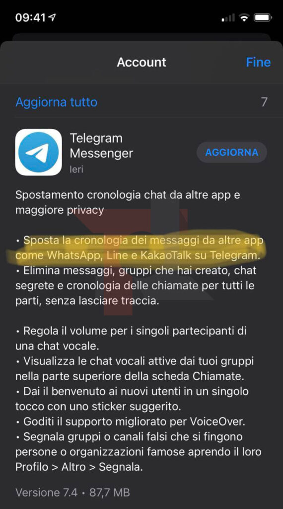 telegram 7.4 aggiornamento migrazione chat whatsapp