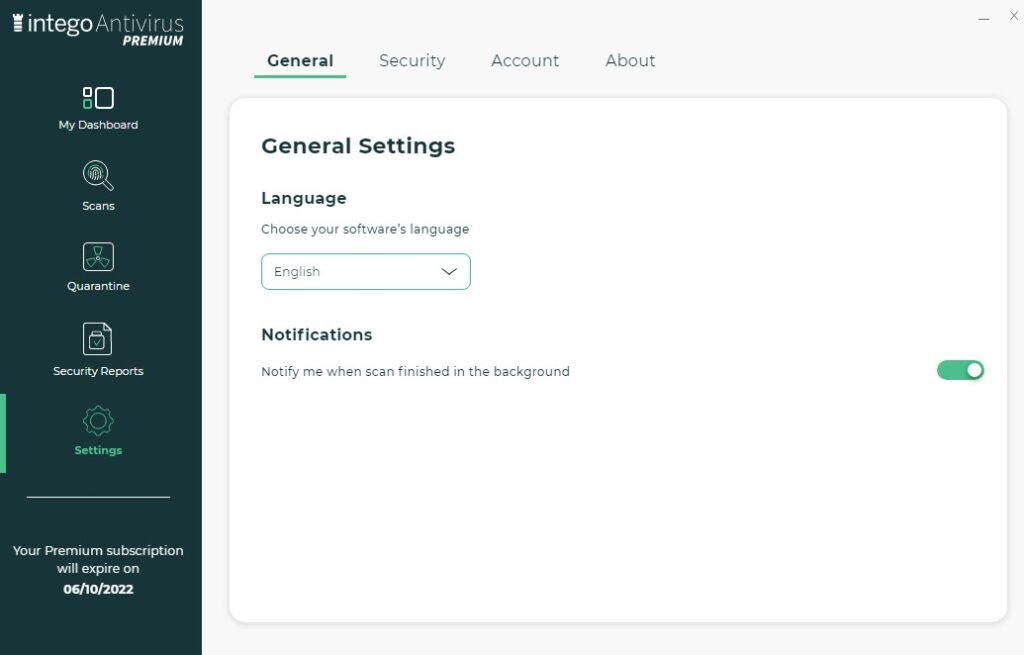 Intego antivirus per Windows interfaccia impostazioni 1