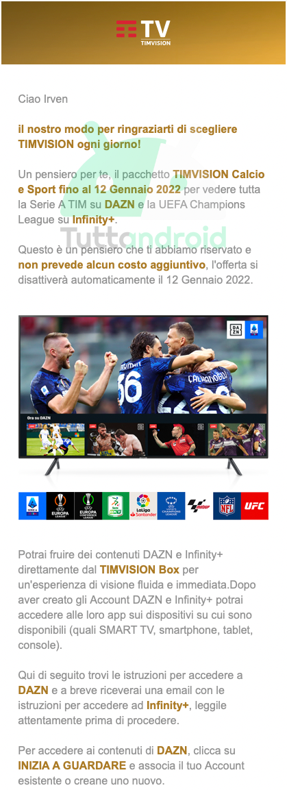 TIMVISION regala due mesi di DAZN e Infinity+ ad alcuni utenti 1