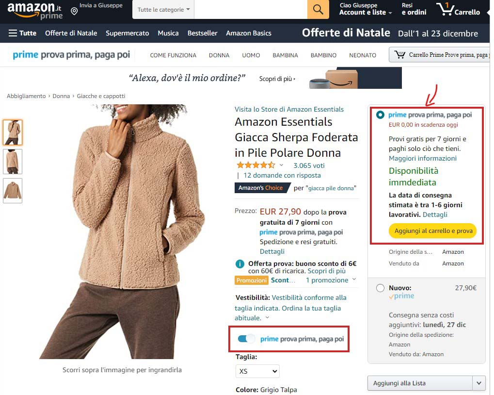 Amazon Prova prima paga poi articoli toggle