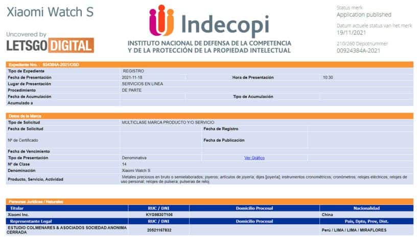 Xiaomi Watch S1 trademark INDECOPI
