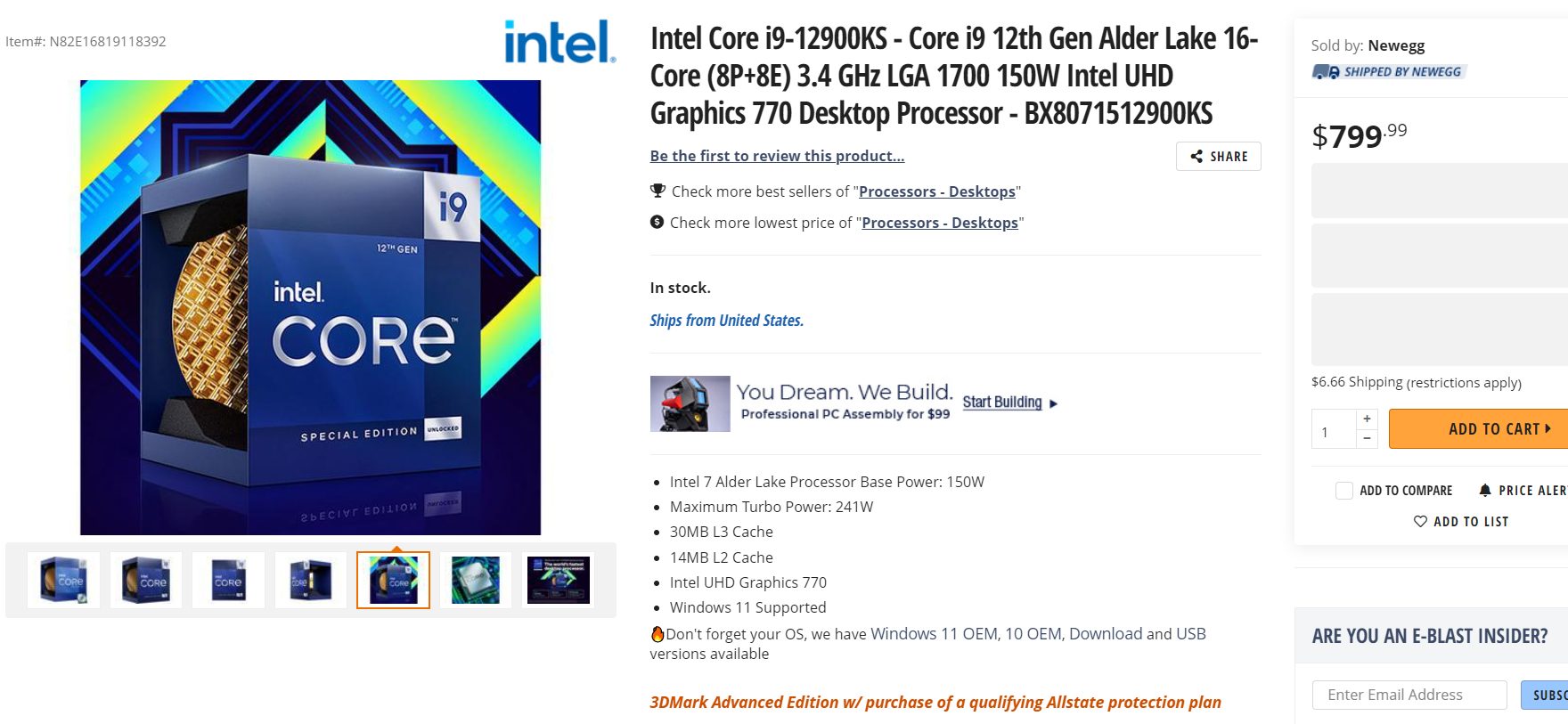Intel Core i9-12900KS era apparso in prevendita sullo store americano Newegg