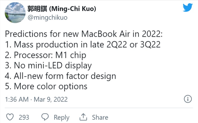 previsioni twitter nuovo macbook air Ming-Chi Kuo