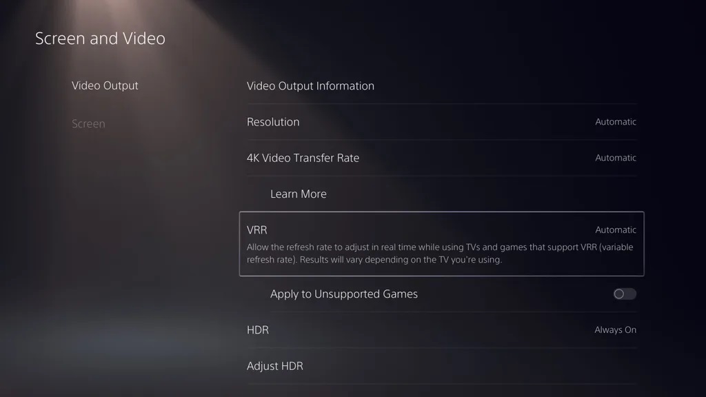 L'opzione con cui si potra abilitare il VRR su PlayStation 5