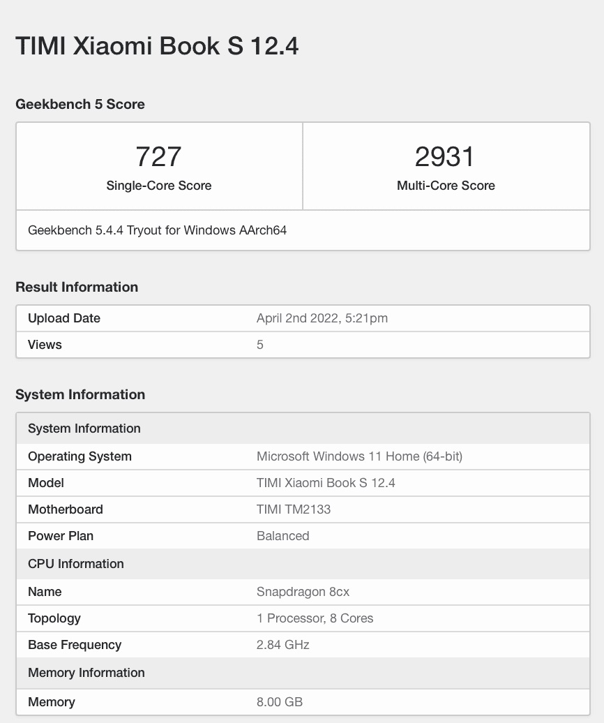 Geekbench Xiaomi Book S 12.4 snapdragon 8cx Gen 1