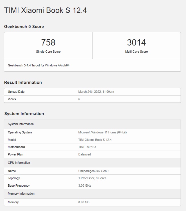 Geekbench Xiaomi Book S 12.4 snapdragon 8cx Gen 2