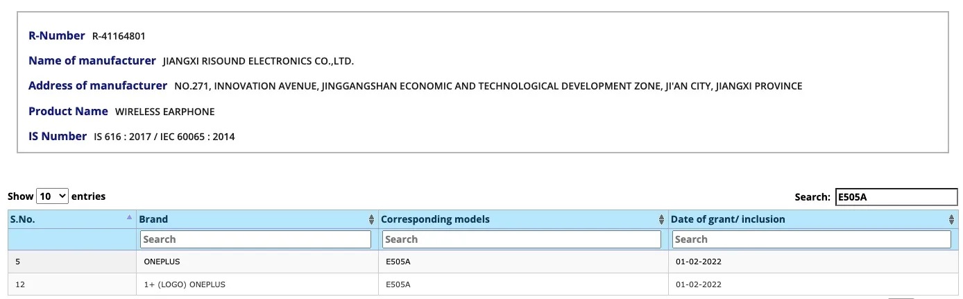 OnePlus Nord Buds E505A certificazione BIS India