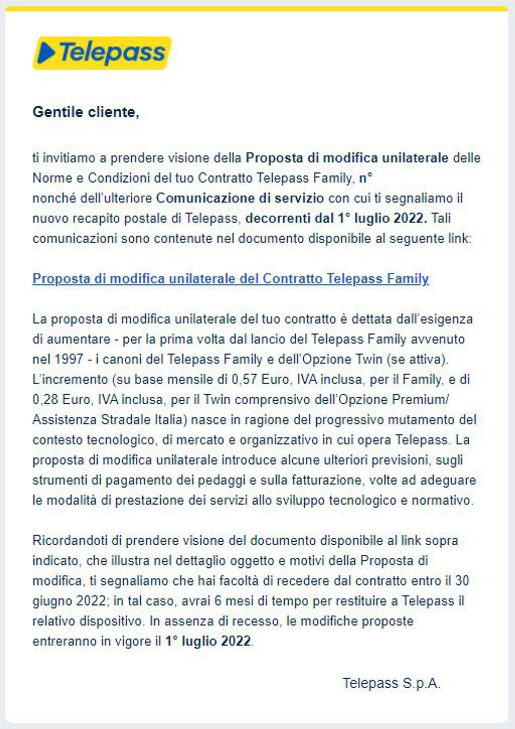 Telepass lettera ai clienti per aumento prezzi
