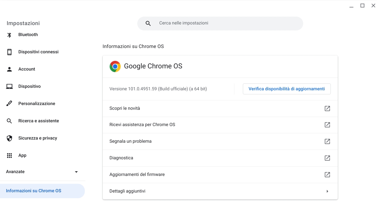 aggiornamento versione 101 Chrome OS