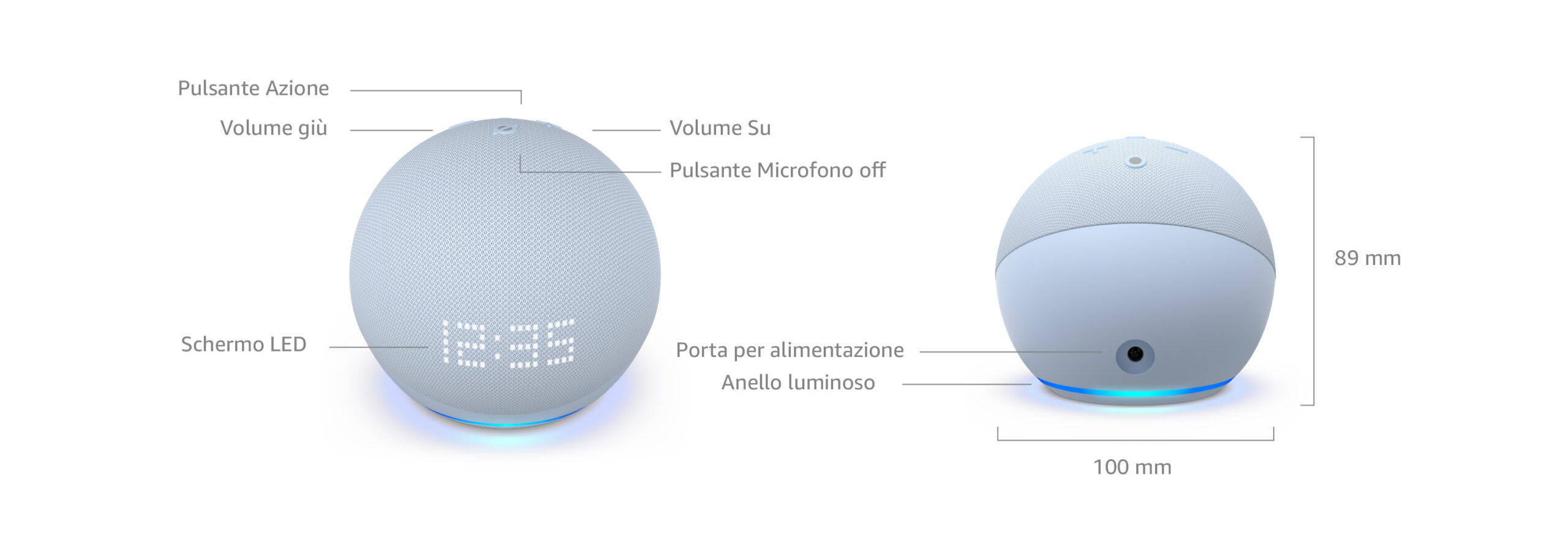 Amazon Echo Dot 5 con orologio dettagli tecnici