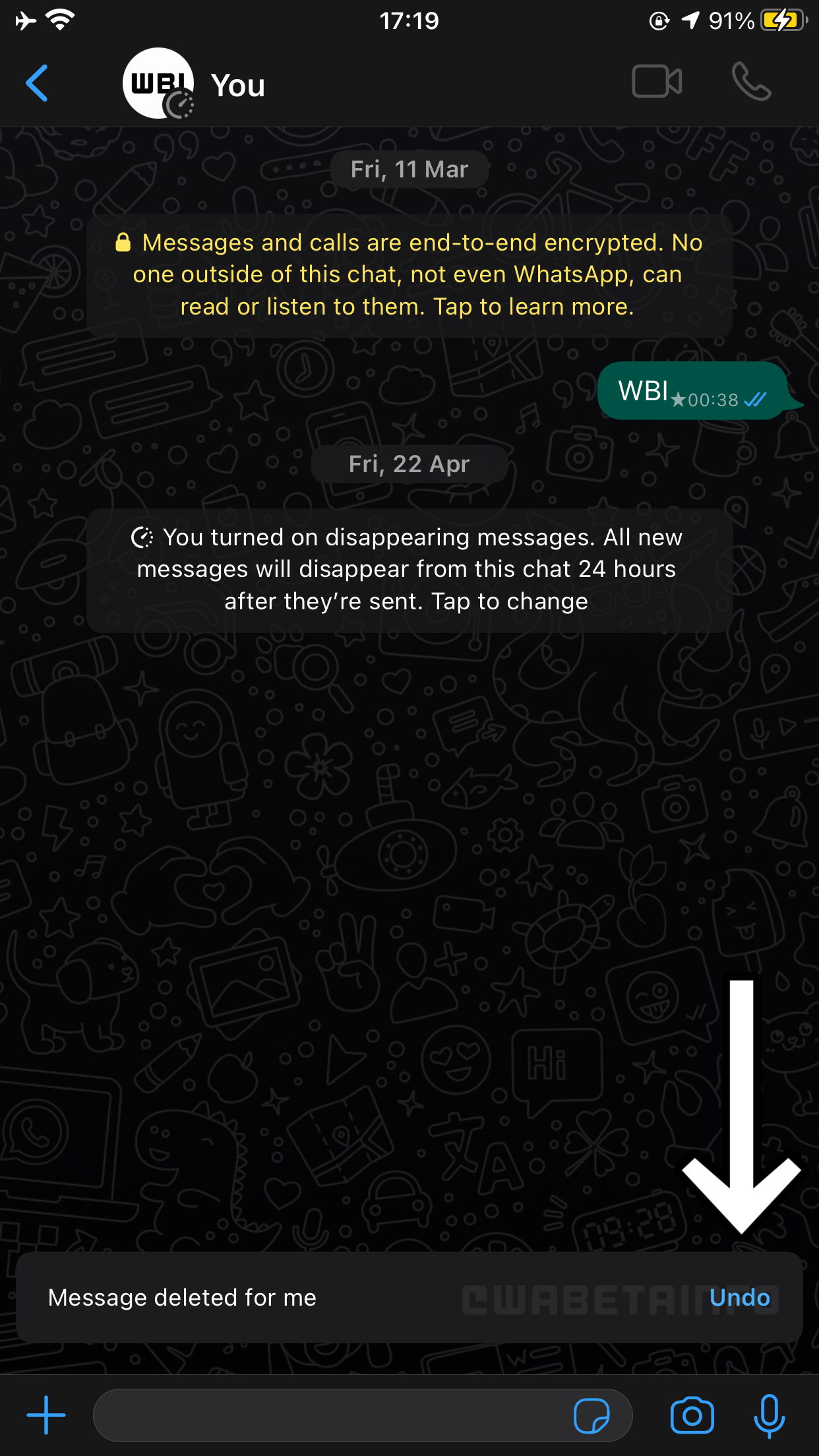 WhatsApp iOS annulla elimina per me