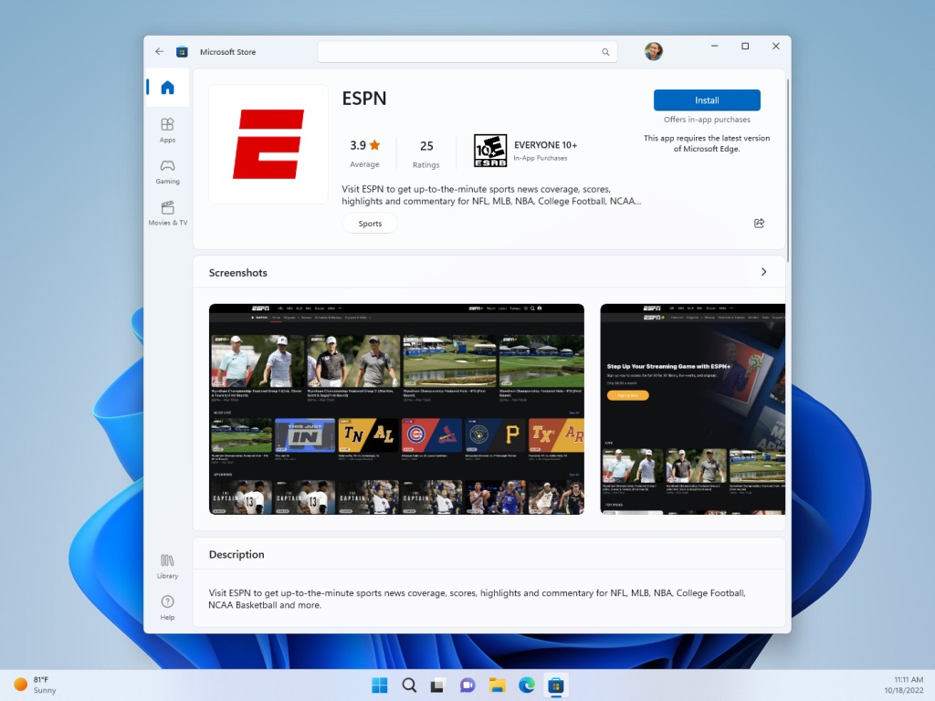Microsoft applicazione ESPN Windows 11
