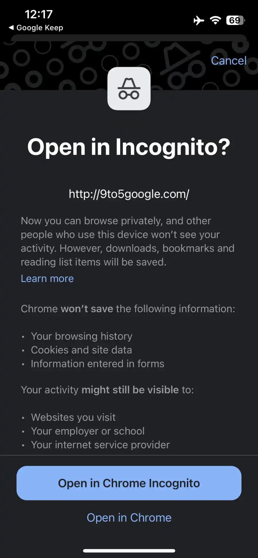 Google Chrome iOS apertura link incognito
