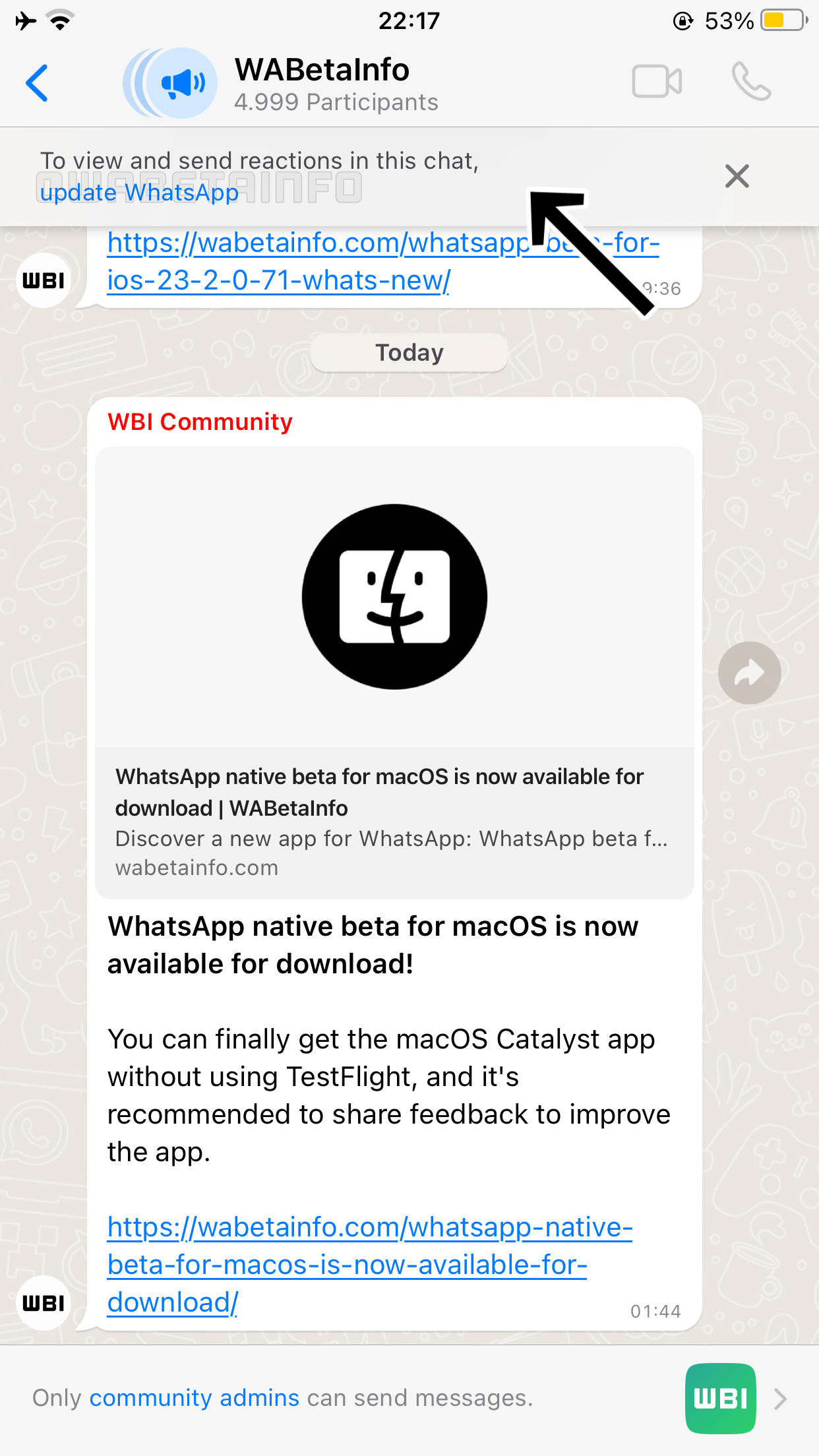 whatsapp beta ios reazioni bacheca community