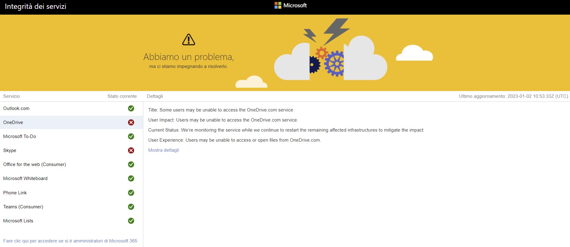 Microsoft stato dei servizi OneDrive e Skype down