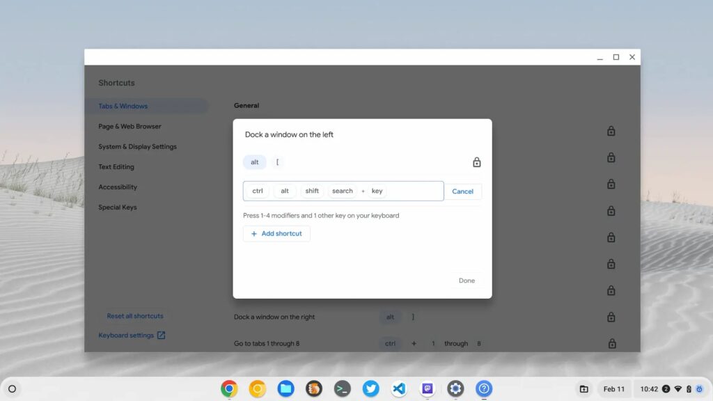 ChromeOS 11 Beta personalizzazione scorciatoie da tastiera