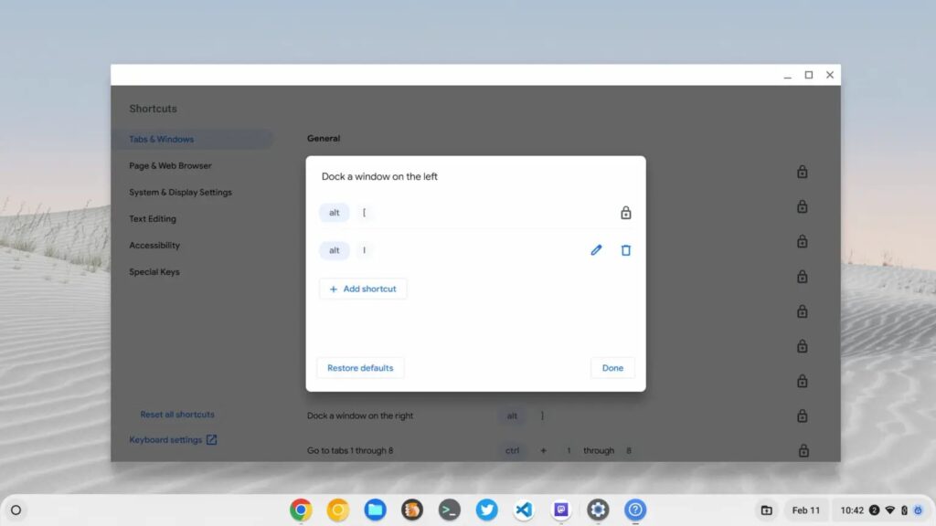 ChromeOS 11 Beta personalizzazione scorciatoie da tastiera