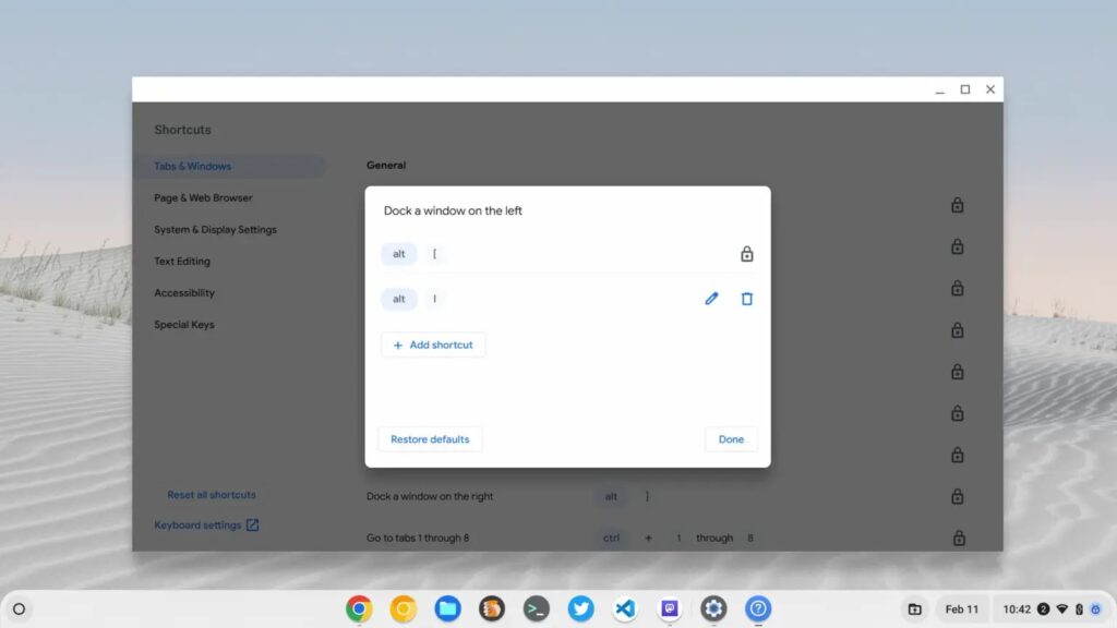 ChromeOS 11 Beta personalizzazione scorciatoie da tastiera