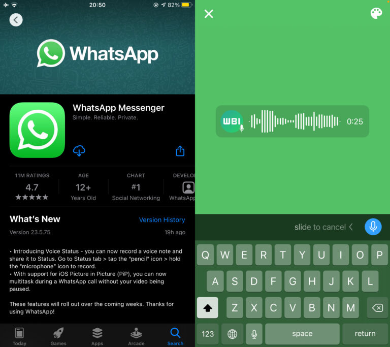 WhatsApp iOS aggiornamento stato note vocali
