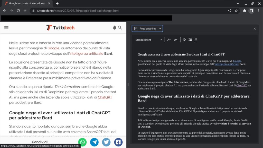 modalità lettura Chrome