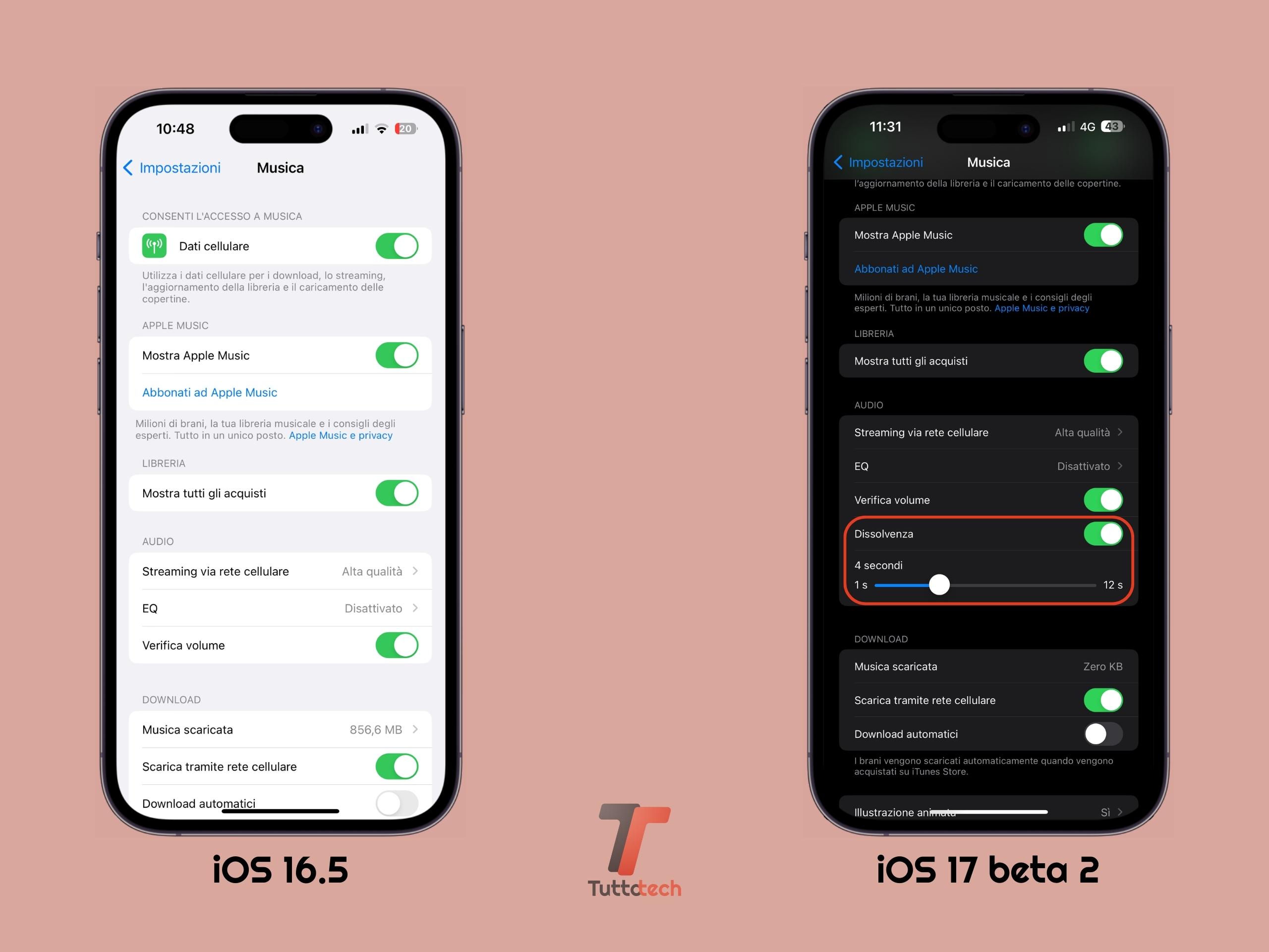 Apple iOS 16.5 vs iOS 17 DB2 - Impostazioni di Apple Music