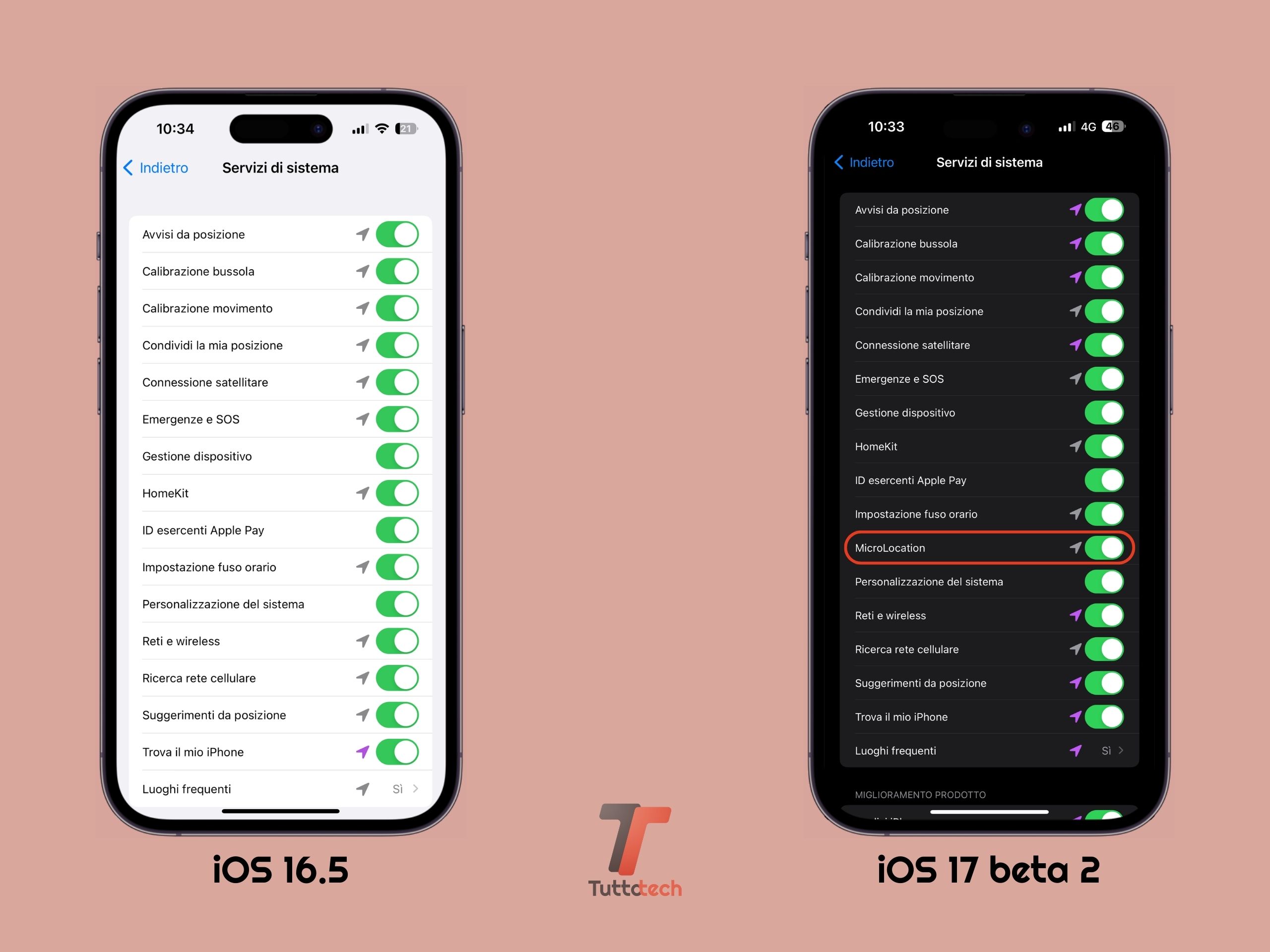 Apple iOS 16.5 vs iOS 17 DB2 - Localizzazione "Servizi di sistema"