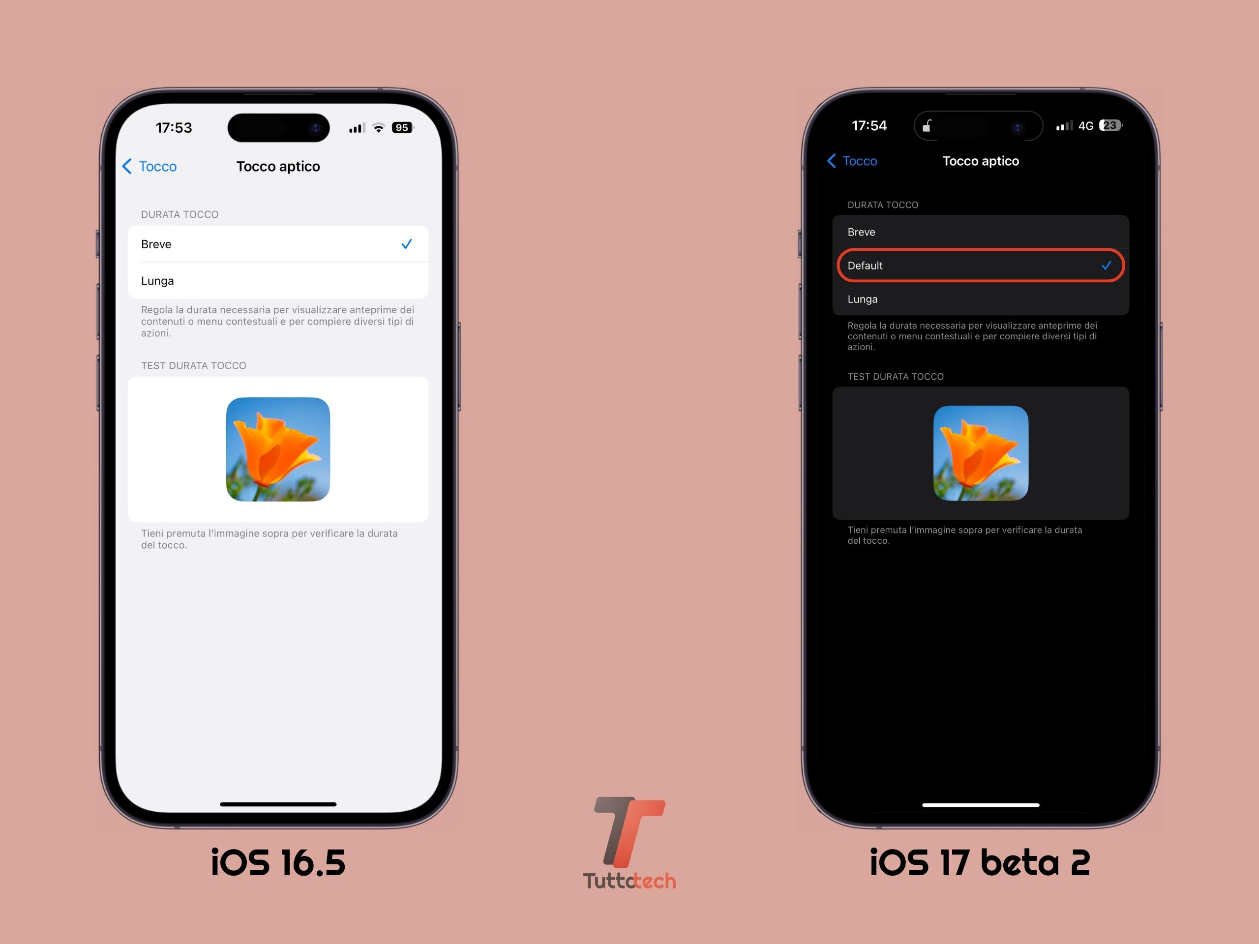 Apple iOS 16.5 vs iOS 17 DB2 - Impostazioni "Tocco aptico"