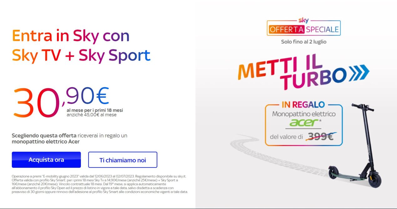 Sky TV+ Sky Sport: prezzo ridotto e monopattino elettrico da 399 euro in regalo