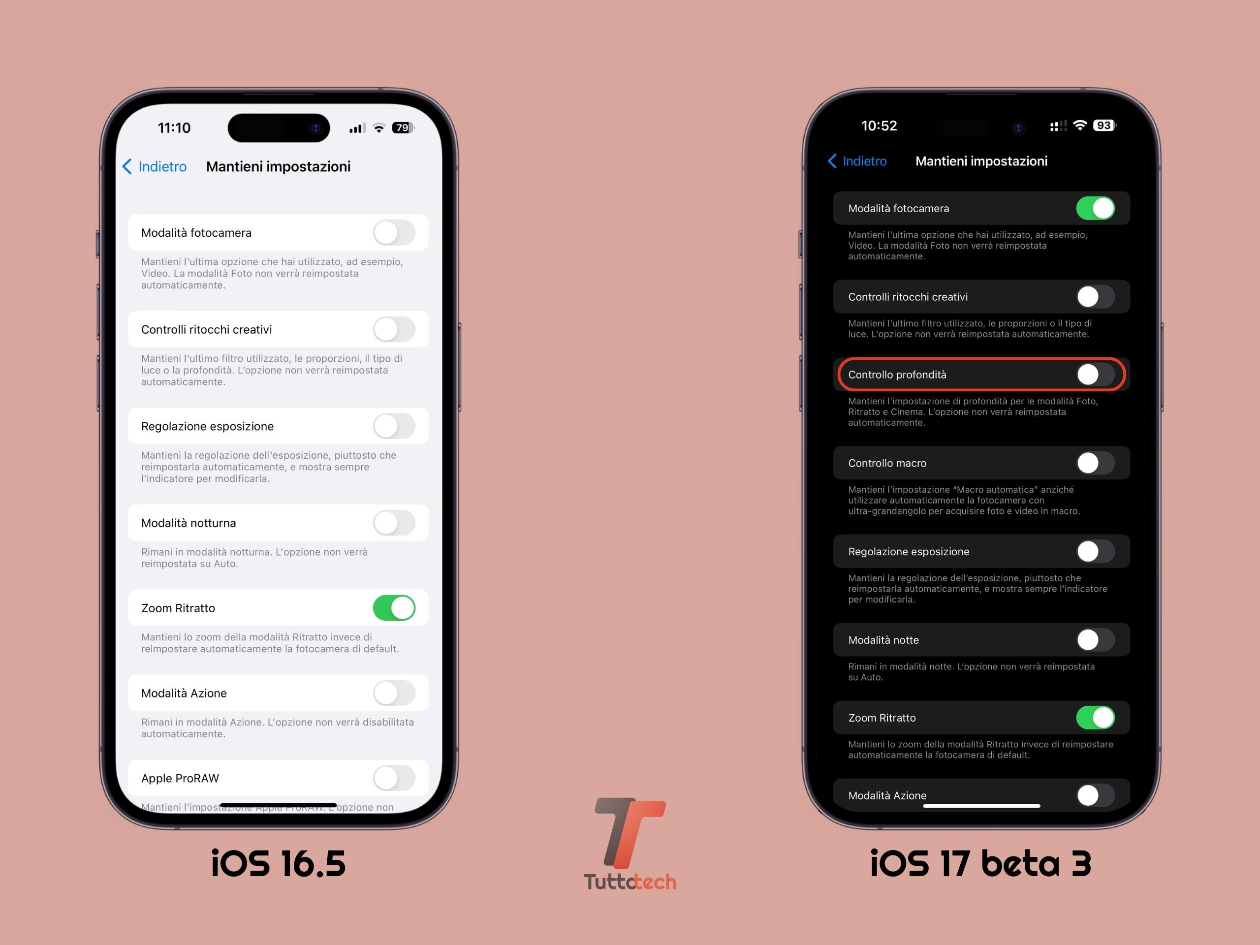 Apple iOS 16.5 vs iOS 17 DB3 - Controllo profondità