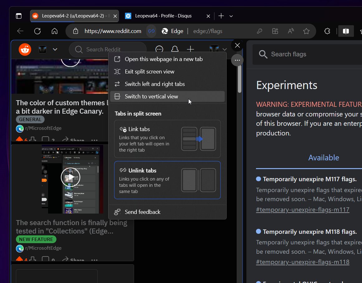 Microsoft Edge split screen verticale