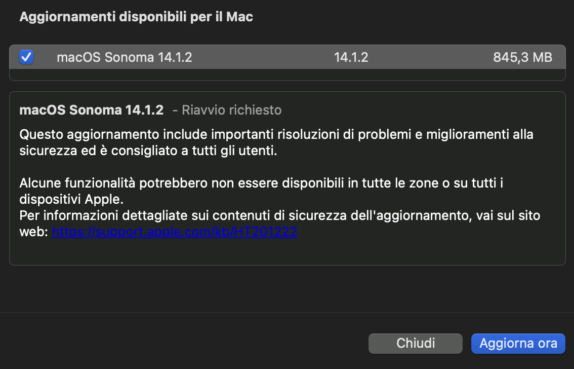 aggiornamento macOS 14.1.2
