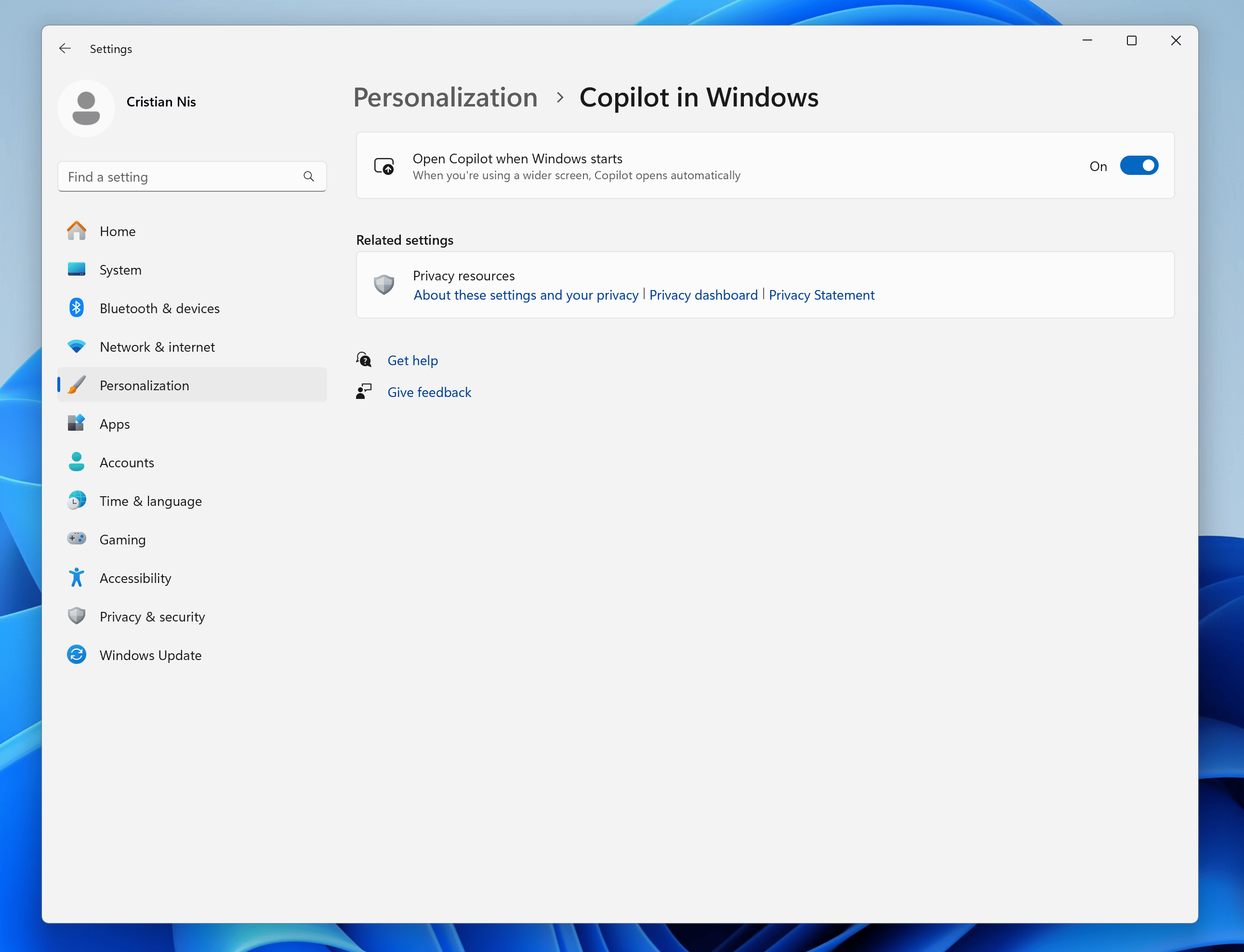 Windows Copilot menu impostazioni per avvio automatico