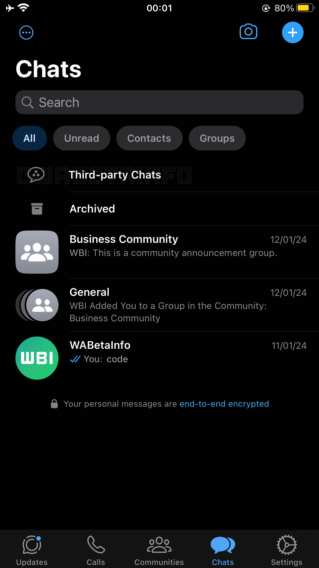 WhatsApp beta iOS supporto chat terze parti