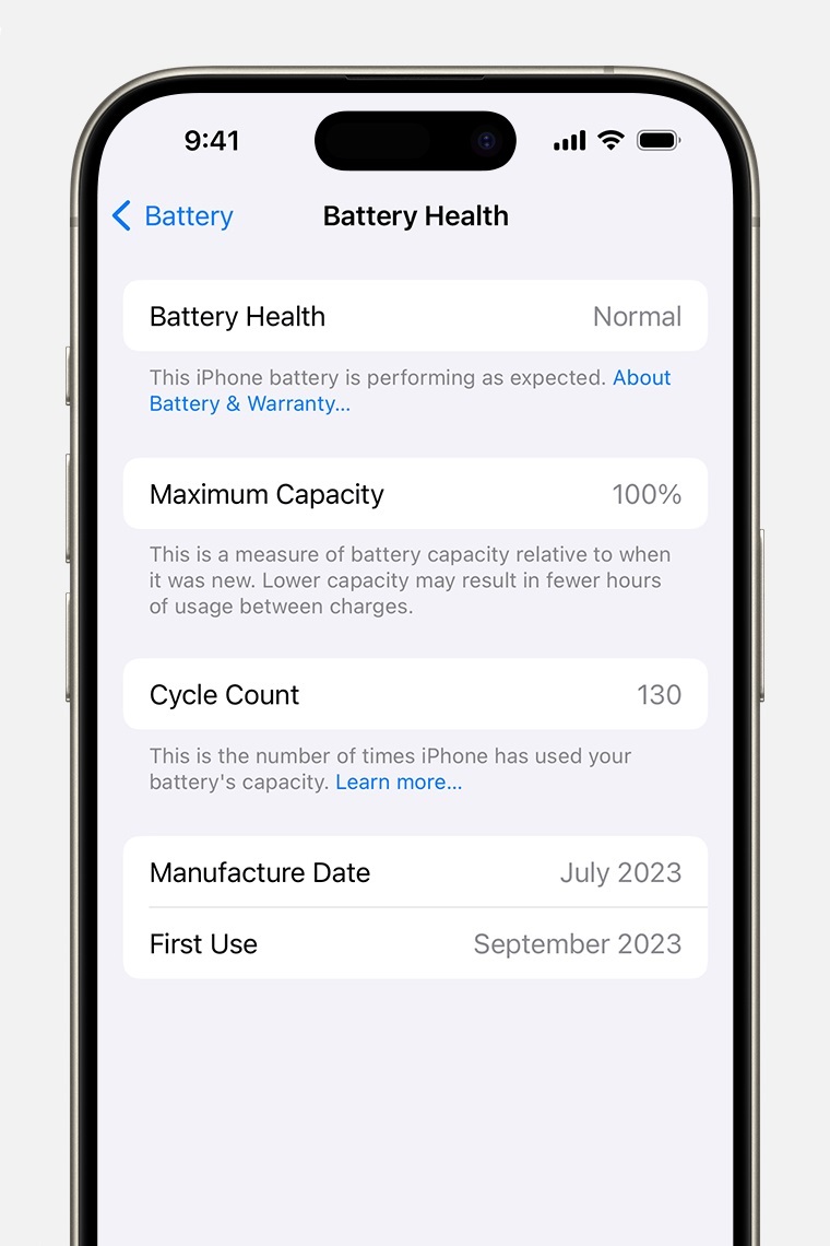 Apple iPhone 15 - Stato della batteria con iOS 17.4