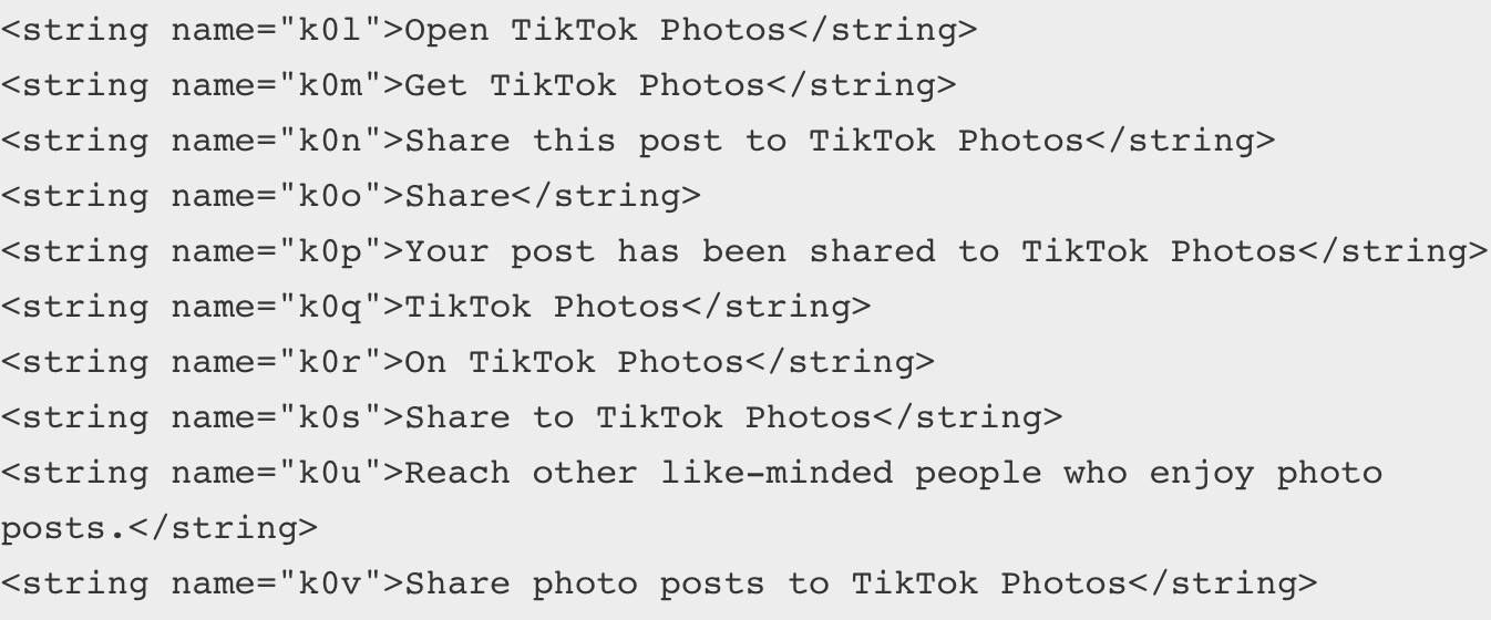 Alcune stringhe della nuova versione dell’app TikTok