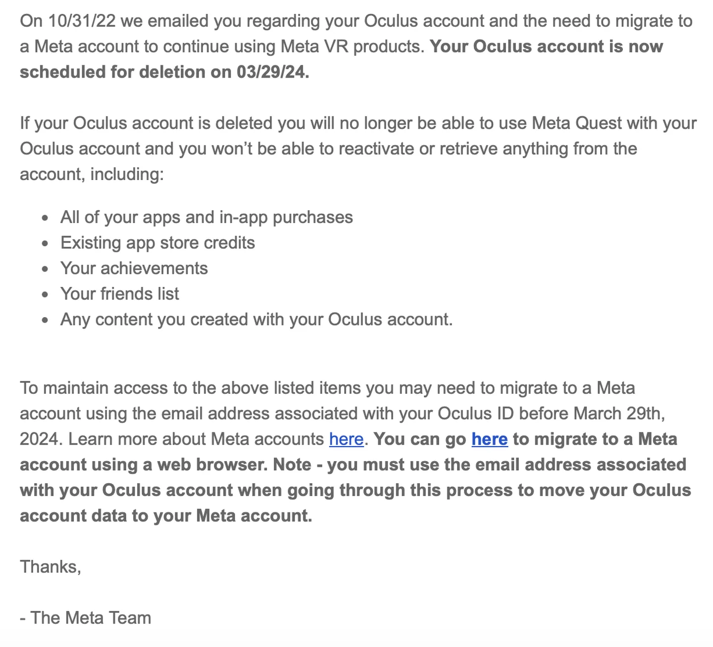 mail cancellazione account oculus migrazione meta