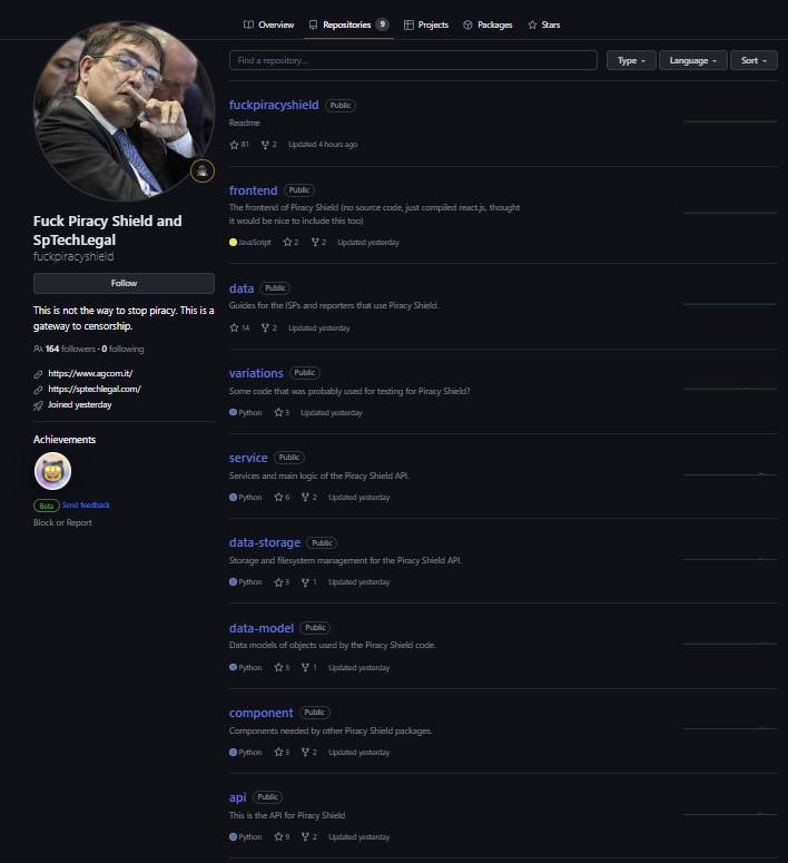 Piracy Shield codice sorgente GitHub