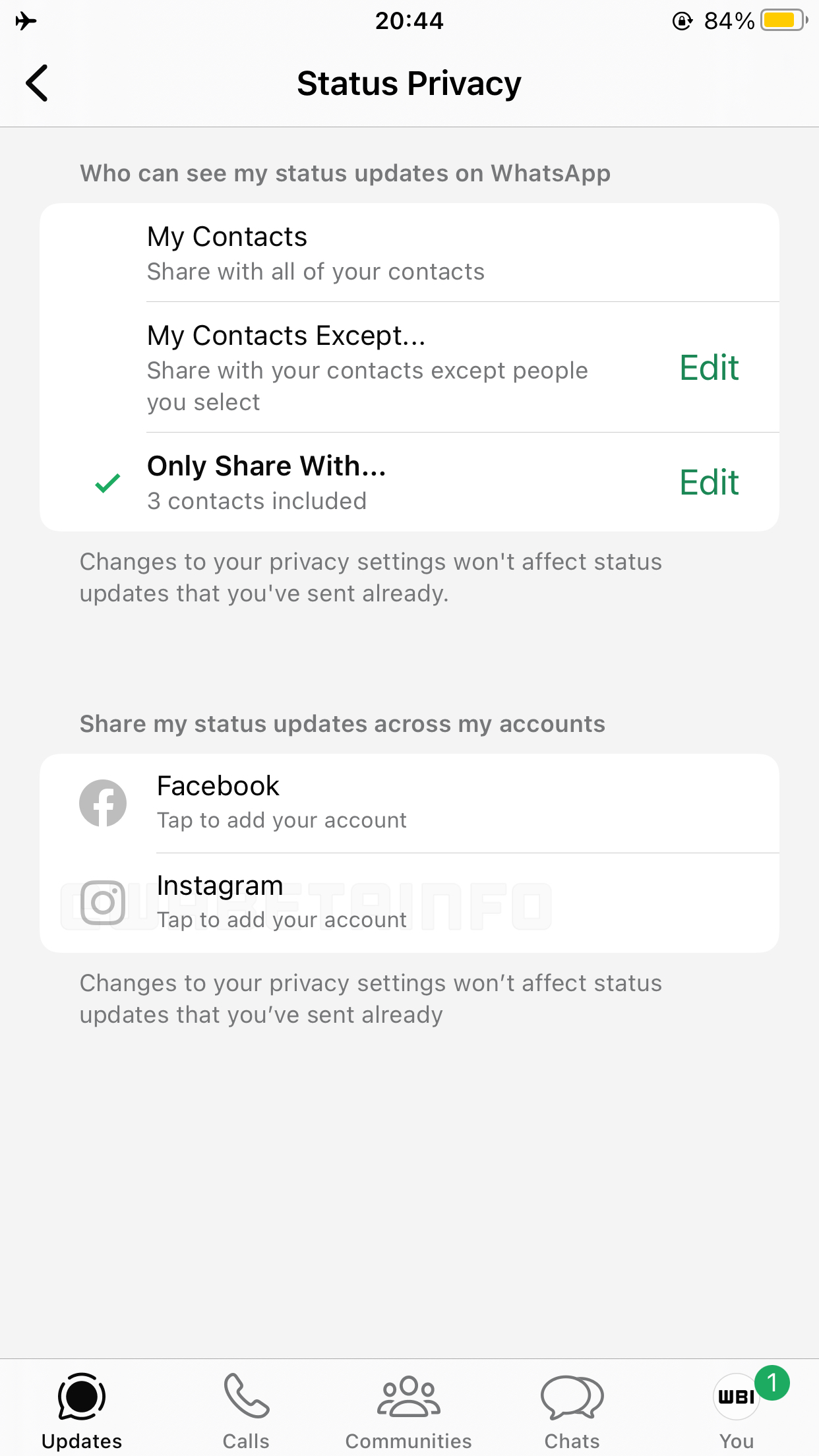 WhatsApp beta condivisione stato su Instagram