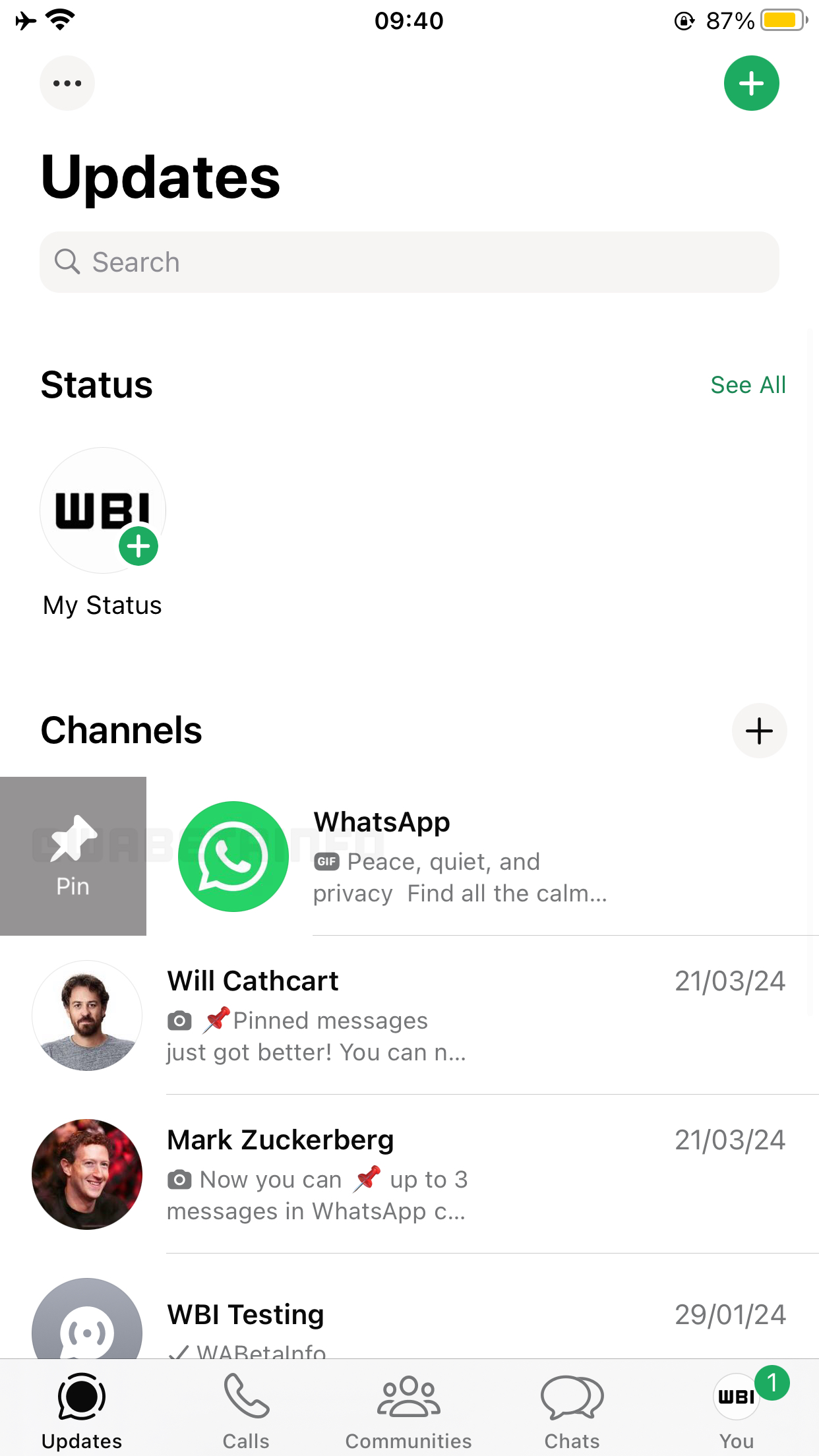 WhatsApp iOS test appuntare canali
