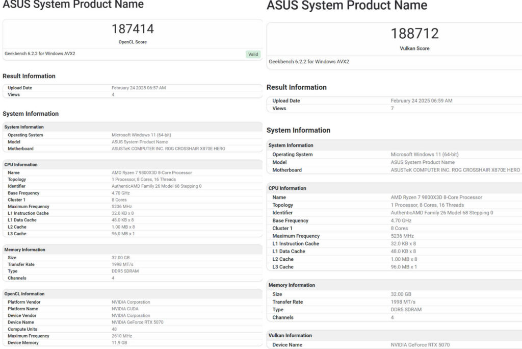 GeForce RTX 5070 geekbench performance